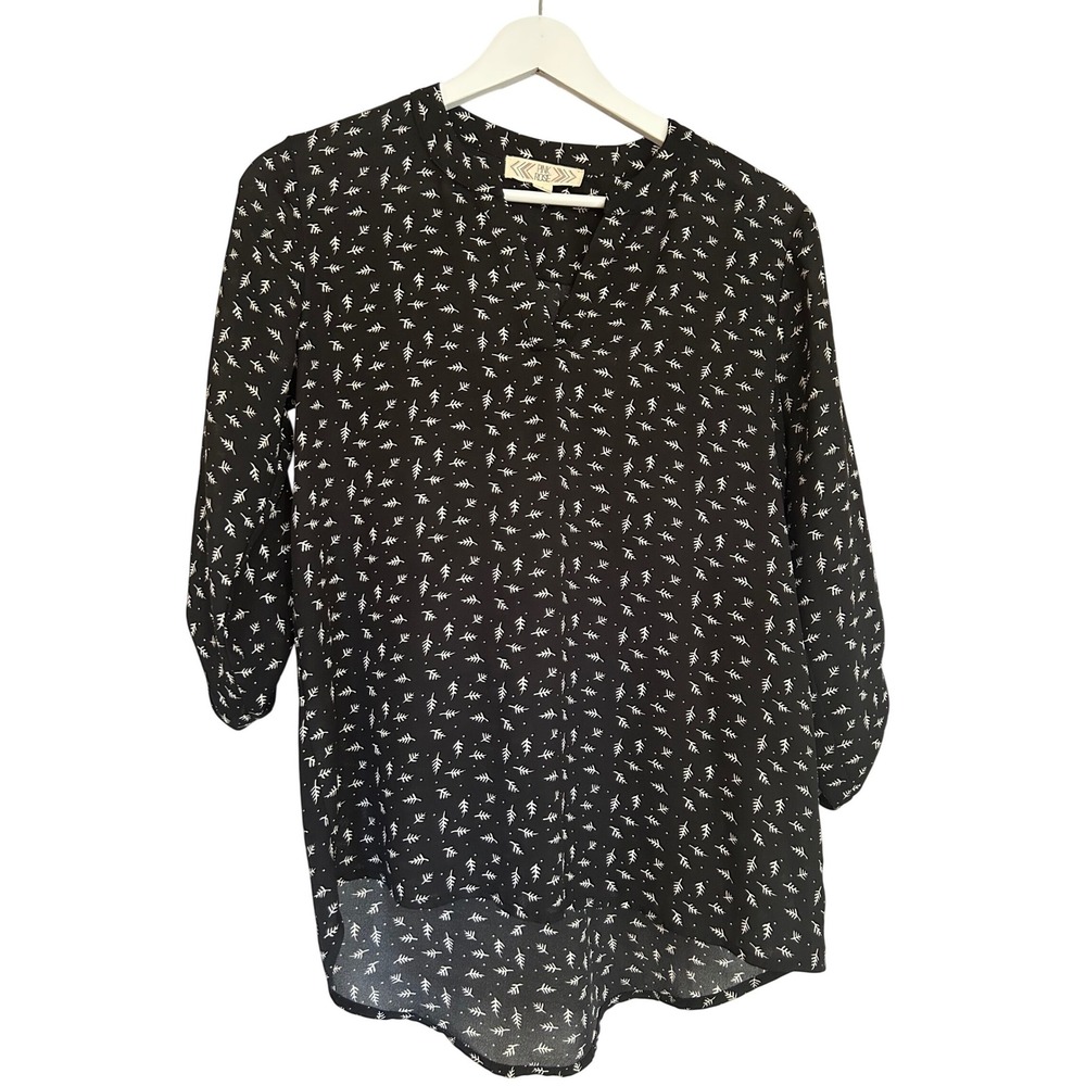 Pink Rose Womens Black White Leaf Print Roll Tab 3/4 Sleeve High Low Blouse L